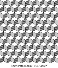 3d Seamless Cube Pattern. Abstract Decorative Wrapping Background. Vector Geometric Volume Texture. Monochrome Print Design. 