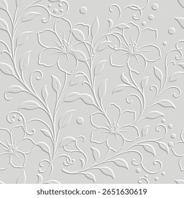 3d seamless embossed floral pattern in monochrome white with beautiful relief line art flowers, swirls and leaves. Elegant surface emboss 3D endless texture for wallpaper, fabric design. Vector.