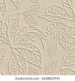 3d Seamless embossed leaf pattern with elegant swirling ornaments on a beige background. 3D textured botanical surface with relief floral hand drawn doodle line art leaves. Endless emboss texture.