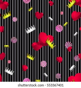 3d seamless multicolored pattern. Flying three-dimensional balls, hearts, crowns. Abstract festive background perfect for design Valentine's Day, holiday, birthday, wedding. Vector illustration