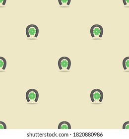 3d seamless pattern with clipping mask. Stylistic green four-leaf clover with a gray horseshoe with shadow on a light background in a staggered. EPS10