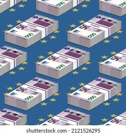 3d seamless pattern of EU paper money. Volumetric bundles purple of 500 euro banknotes staggered manner against the background of the European flag