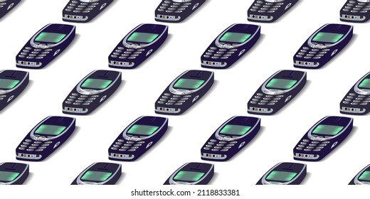 3D seamless pattern. Iconic European vintage push-button telephones with a monochrome screen of two models on a white background