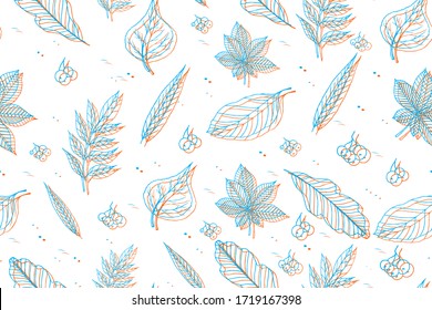 Diseño 3D sin fisuras para impresiones, tarjetas, papel pintado, textiles, envoltura de regalo, telas. Siluetas azules y anaranjadas de hojas de roble, sauce, haya, castaño y bayas de rowan que crean un efecto borroso