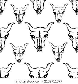 3d seamless pattern of scary cow skulls drawn with black marker on white paper. Halloween background of cow skulls. Halloween concept.