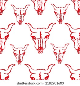 3d seamless pattern of scary cow skulls drawn with red marker on white paper. Halloween background of cow skulls. Halloween concept. 