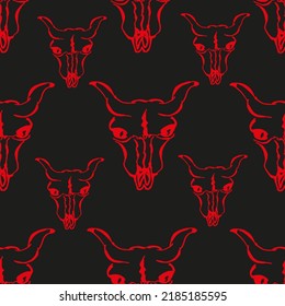 3d patrón sin fisuras de calaveras de vaca espeluznantes dibujadas con un marcador rojo sobre papel negro. Fondo de Halloween de cráneos de vacas. Concepto de Halloween.