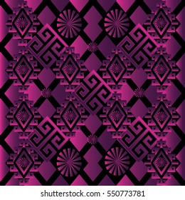 3d seamless pattern. Violet geometric vintage ornament on the black background.