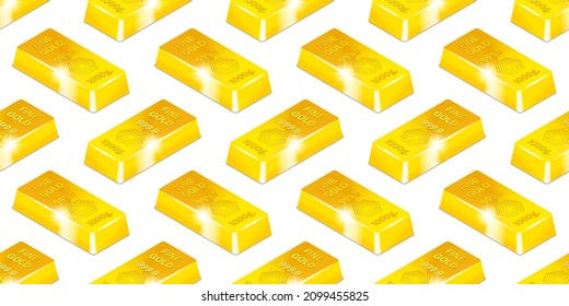 3d seamless pattern. Volumetric gold bars of 999.9 standard and weighing 1000 grams with bright radiant glares, arranged symmetrically on a white background