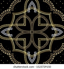3d seamless pattern with zippers. Vector ornamental ornate background. Gold and silver textured abstract ornaments with zips, fasteners. Floral vintage design. Endless texture. Decorative ornament.