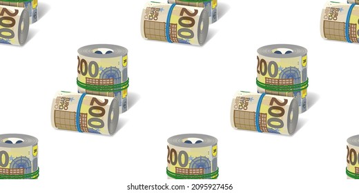 Patrones sin fisuras 3D. El dinero de papel de la UE se roda y se ata con caucho. 200 billetes en euros se distribuyen simétricamente con sombras de fondo blanco