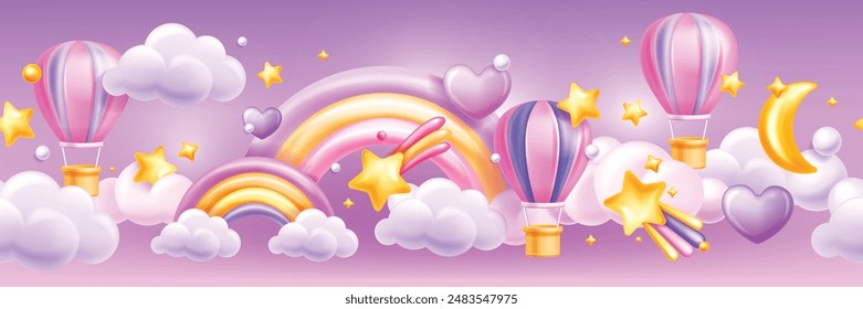 3D seamless sky border, vector kids clouds rainbow frame, baby fantasy bedroom poster, stars, heart. Cute cartoon air balloons, magic night dream banner, children decoration. 3D sky sleep wallpaper