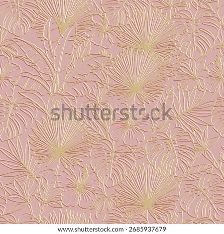 3d seamless tropical floral vector pattern featuring embossed gold line art of palm leaves, monstera and hibiscus flowers on a dusty rose pink background. Luxurious, feminine jungle print design.