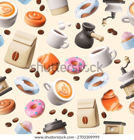 3D seamless wallpaper with coffee beans, mug, pastries, Turk, paper bag. Takeaway food, breakfast, snack. For paper, textiles, and kitchen menus. Vector cartoon illustration.