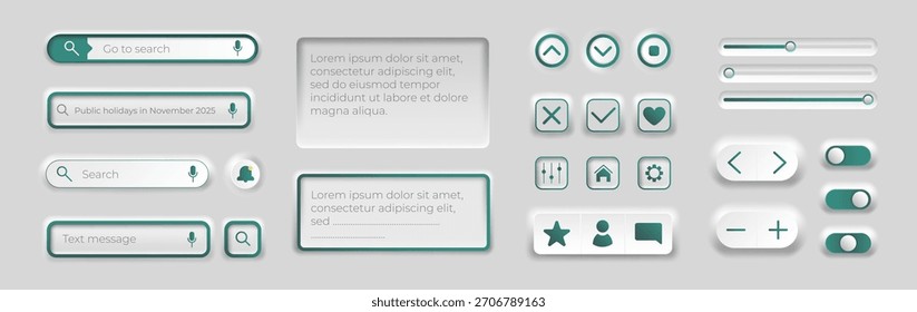 Barra de búsqueda 3D. Iconos de Botón. ELEMENTOS de interfaz de usuario con cuadros, círculos y líneas. Sitio web diseño mínimo. Interfaz de Internet moderna. Diseño para la navegación por Web. Marco de Búsqueda. Plantilla del tablero del Hacer clic de Vector