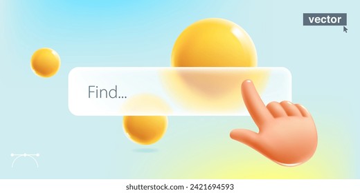 3D search bar with computer hand shape cursor in glassmorphism style. Navigation search bar for browser. Vector alternate pointer. Cartoon render of touch screen, target gesture, click symbol. 