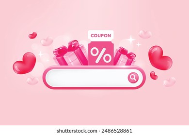 3d search bar input with gift boxes, vouchers, coupons, love heart icons, isolated on background. Design concept for online shopping, promotion, sales, advertising, web page. 3d vector illustration.