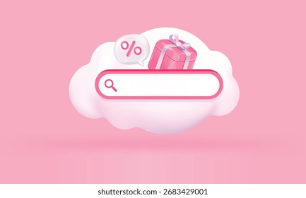 3D-Suchleiste mit Geschenkbox. Design-Konzept für Online-Shopping, Promotion, Vertrieb, Werbung, Web-Seite. 3D-Vektorgrafik.