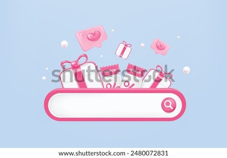 3d search bar input with gift boxes, vouchers, coupons, love heart icons, isolated on background. Design concept for online shopping, promotion, sales, advertising, web page. 3d vector illustration.