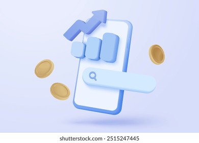 3D search bar or magnifying glass for research info statistic on mobile phone. analyzing investment money cash and exchange with detective. 3d magnifier icon vector render illustration