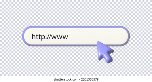 3d Suchleiste Vorlage für Website. Adresse und Navigationsleiste, Cursor-Pfeil auf transparent. Navigationssuche nach Browser. Kreatives Design im Cartoon-Stil. Suchleiste nach Benutzeroberfläche. Vektorgrafik