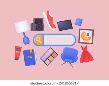 3d search bar template for website. Navigation search for web browser. Shopping concept. 3D Web Vector Illustrations.