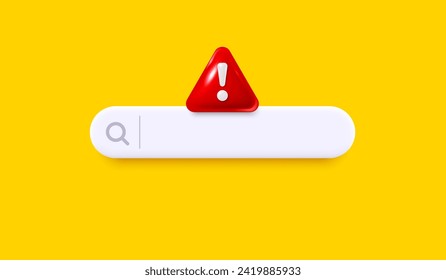 3d search bar template for website with danger alert. Navigation search for web browser. 3d red warning icon. Attention template banner. Support FAQ information web bar. Vector