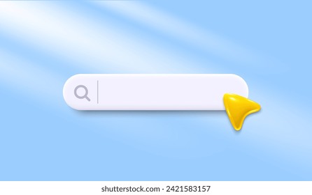 3d search bar template for website. Navigation search for web browser. 3d arrow mouse cursor. Ask question template banner. Support FAQ information web bar. Vector