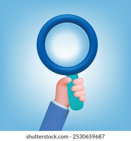 3d Search 3d concept. Hand hold magnifying glass. Businessman looking perspectives, searching business invest projects. Science research, scientist, vector render element