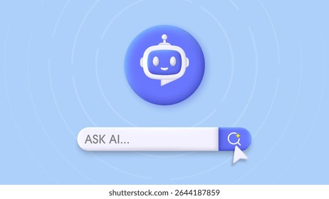 Barra de motor de busca 3D e robô. Chatbot e assistente de IA. Conceito de inteligência artificial. Prompt de entrada como comandos para pesquisa e análise pelo AI. Vetor moderno e moderno em estilo 3d.