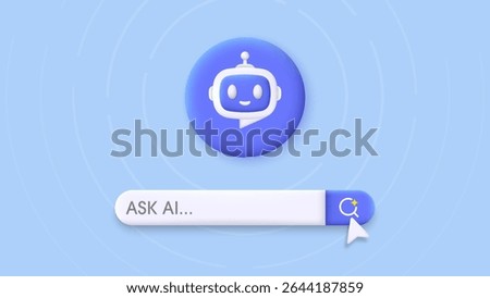 3D Search engine bar and Robot. Chatbot and AI Assistant. Concept of Artificial Intelligence. Input prompt as commands for search and analysis by AI. Trendy and modern vector in 3d style.
