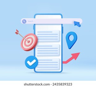 3D-Suchmaschine auf dem Smartphone-Bildschirm mit einem Ziel- und lokalen Pin-Standortsymbol. SEO-Optimierung Marketing-Strategie. Online-Konzept finden. 3D-Rendering Vektorgrafik