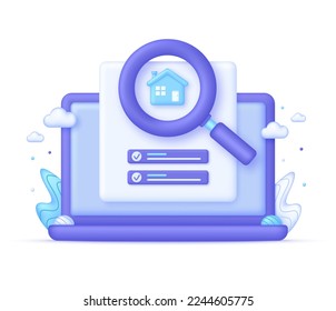 3D Search house on Computer. Search for real estate, home to buy, property for sale concept. Trendy and modern vector in 3d style