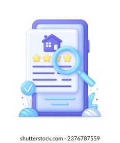 3D Search house on Phone. Search for real estate, home to buy, property for sale concept. Trendy and modern vector in 3d style.