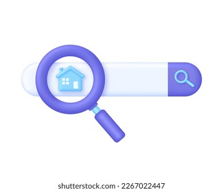 3D Search house. Search for real estate, home to buy, property for sale concept. Trendy and modern vector in 3d style