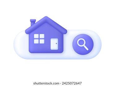 3D Search house. Search for real estate, home to buy, property for sale concept. Trendy and modern vector in 3d style