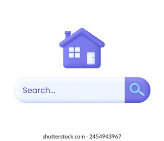 3D Search house. Search for real estate, home to buy, property for sale concept. Trendy and modern vector in 3D style