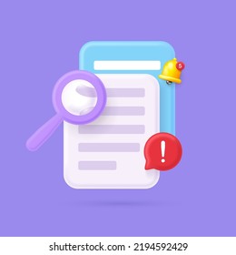 3d search icon, text search. 3d document management concept media, document online, docs icon concept. search for errors in the text. Vector illustration