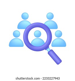 3D Search job vacancy illustration. Employee search icon. Candidate for vacancy. Job research and resume. Trendy and modern vector in 3d style.