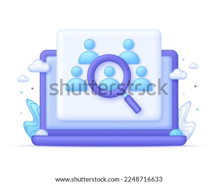 3D Search job vacancy on Computer. Employee search icon. Candidate for vacancy. Job research and resume. Trendy and modern vector in 3d style.