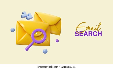 3d search mail banner. Magnifying glass with email envelope vector render illustration, isolated on pastel background. Check spam concept