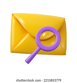3d search mail icon. Magnifying glass with email envelope vector render illustration, isolated on white background. Check spam concept