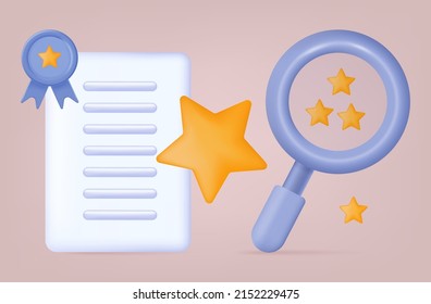 3d search star and award. Vector banner, magnifier chooses the best success rating. Winner award with golden star and prize. Researching the list of candidates, great result. Modern concept of success