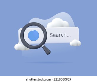 3d search tab. Magnifying glass 3d search icon, optical search cartoon style. Web interface research magnifier. SEO analytics search. Magnifying zoom object. 3D render vector illustration free to edit