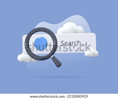 3d search tab. Magnifying glass 3d search icon, optical search cartoon style. Web interface research magnifier. SEO analytics search. Magnifying zoom object. 3D render vector illustration free to edit