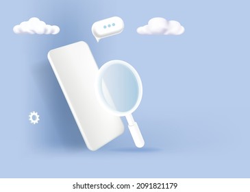 3d plantilla de búsqueda en móvil. Con una lupa en un teléfono móvil vacío. Vector.