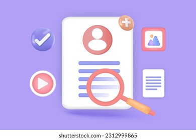 3d searching concept of image, video, media file management, document database with safety protection. Todo checklist note, media storage, docs icon concept. 3d vector render with purple background