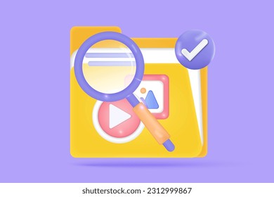 3d searching concept of image, video, media file management, document database with safety protection. Todo checklist note, media, image or video concept. 3d vector render with purple background