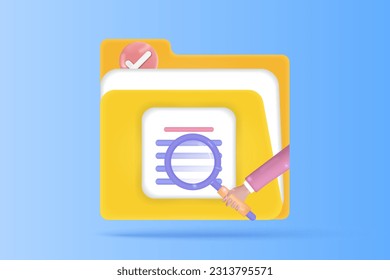 3d searching concept of todo database list management. Searching magnifying, file manager, todo list, safety check mark. 3d vector render with Blue background
