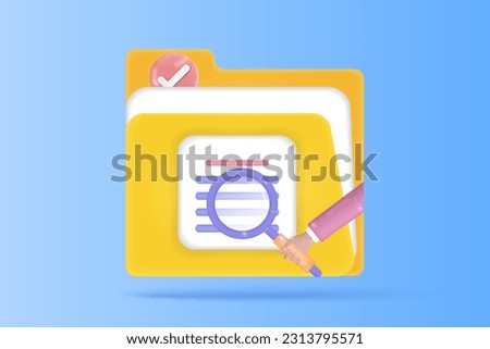 3d searching concept of todo database list management. Searching magnifying, file manager, todo list, safety check mark. 3d vector render with Blue background